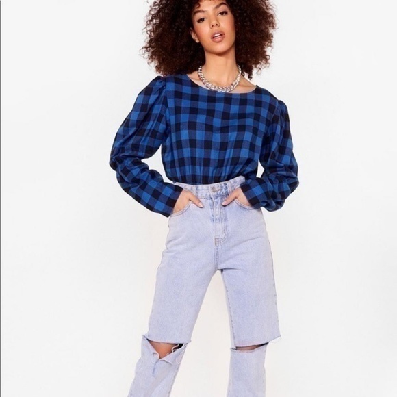 Nasty Gal Gingham Puff Sleeve Blouse Blue Sz 6 - Picture 2 of 10